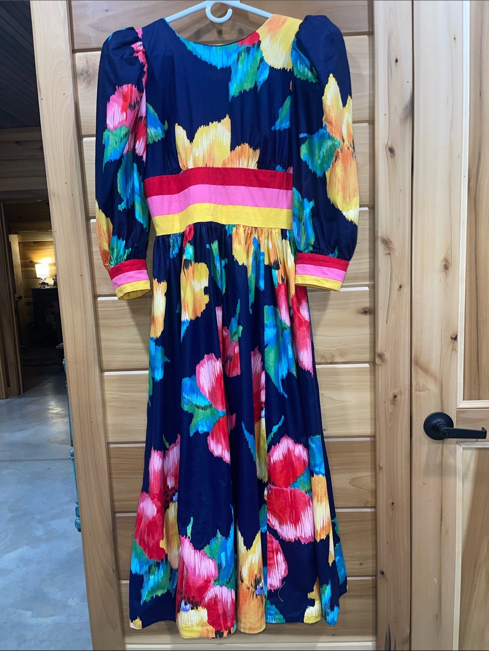 Navy Floral Midi Dress with Colorblock Waist
